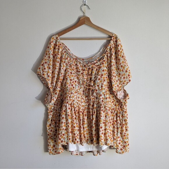 Torrid Floral Smocked Crinkle Gauze Cris Cross Back Blouse Top Shirt - Picture 5 of 6